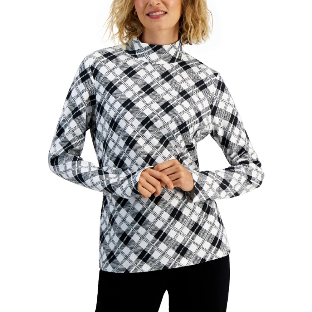 Karen Scott Women's Petite Small Black & white Plaid Printed Mock Neck Top NWT